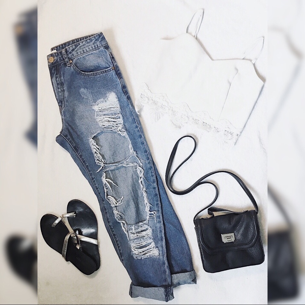 Distressed Denim Boyfriend Jeans & Crop Top